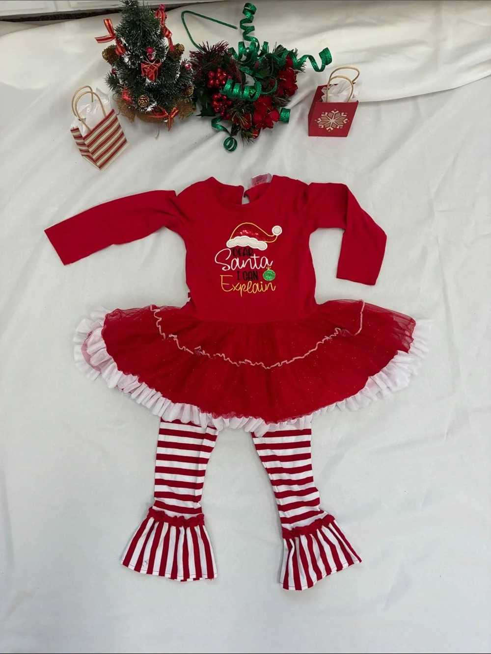 Kids Red Santa Tutu Dress with Striped Leggings